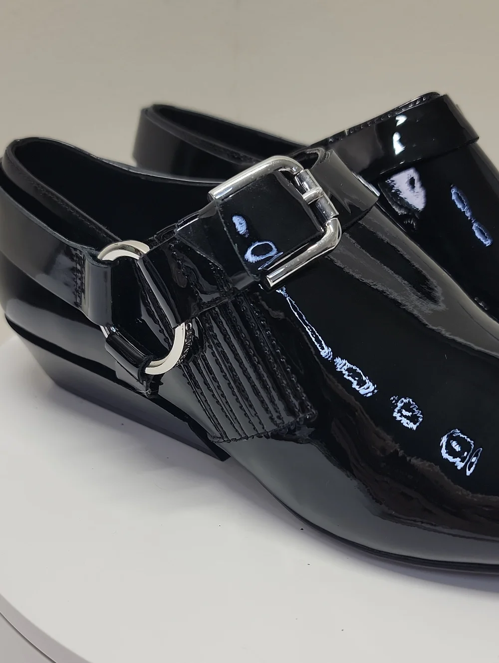 Calvin Klein Black Patent Pointed Toe Strap Shoe Shiny New W/out Box